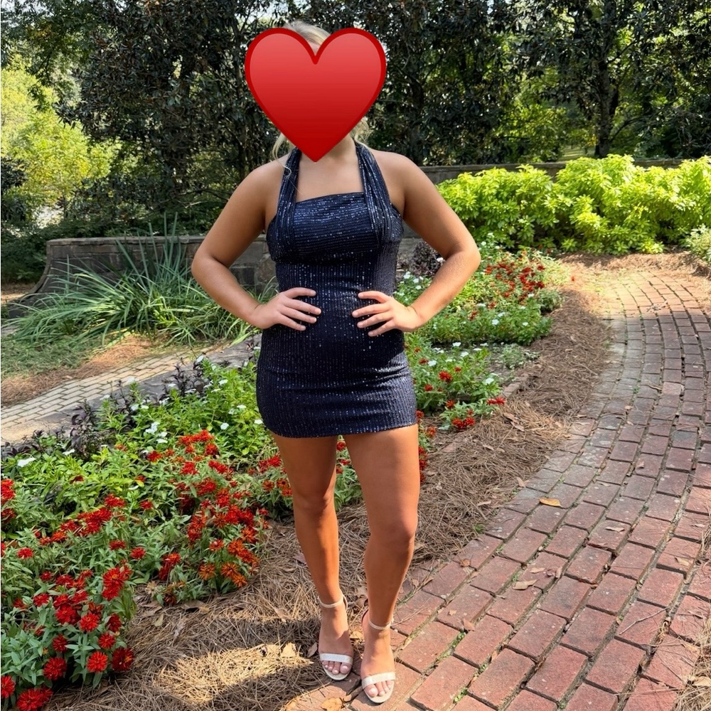 Elegant Navy Blue Halter Sequin Dress